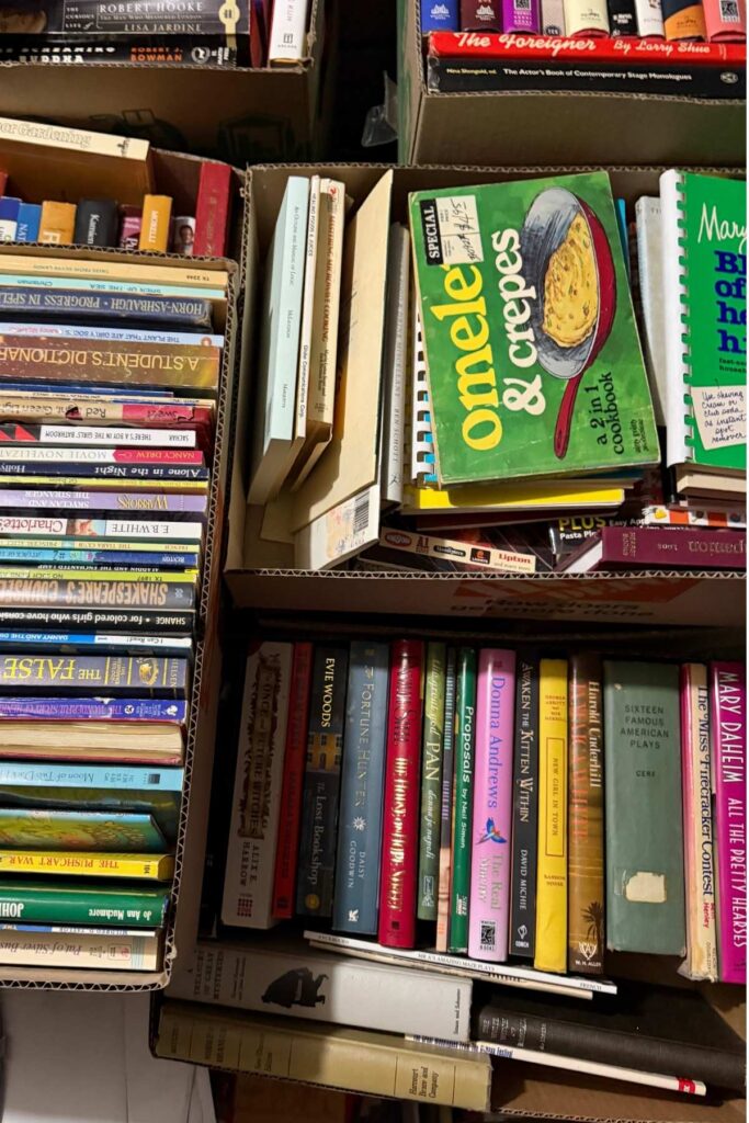 books in boxes with spines lined up
